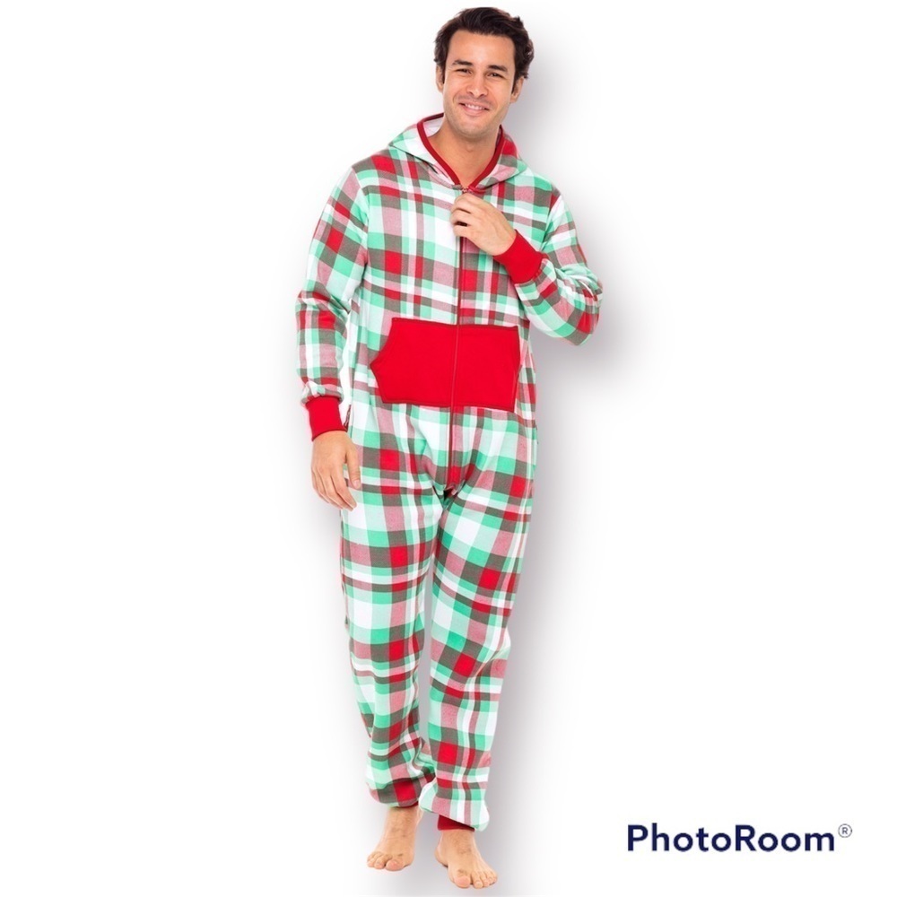 Tipsy Elves Plaid Christmas Hooded Onesie – Unisex – Men's L / Women's XL